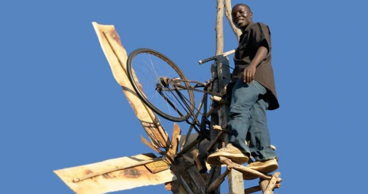 William Kamkwamba and his windmill made of recycled bike wheels