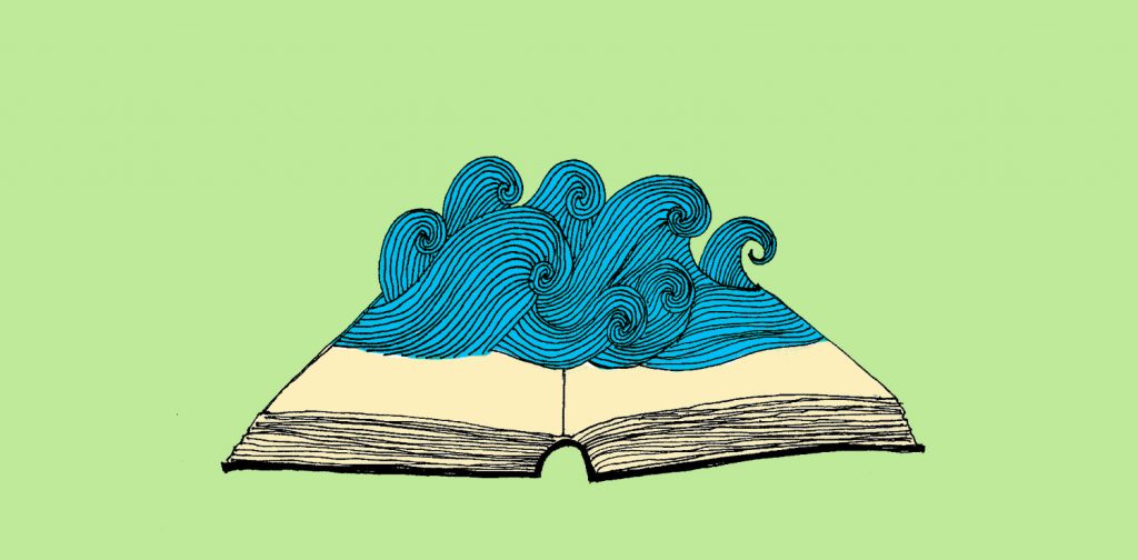 a drawing of an open book with ocean waves popping out