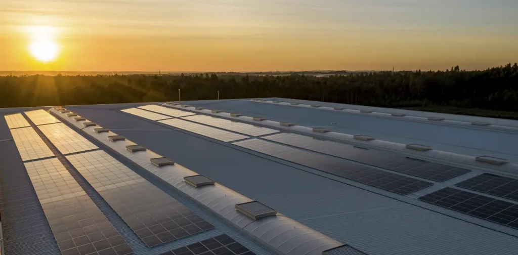 rows of solar panels located on the building roof