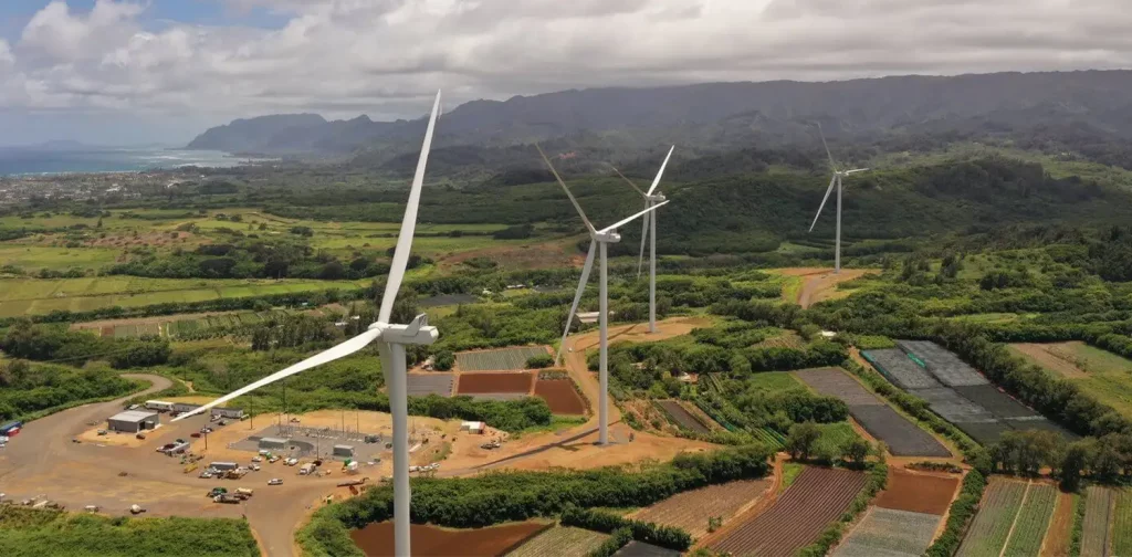 Green hawaiian landscape with four big wind turbines