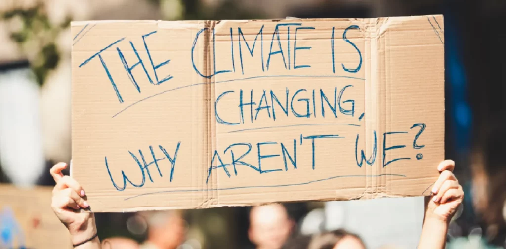 cardboard with writing THE CLIMATE IS CHANGING, WHY AREN'T WE? at a global climate change protest