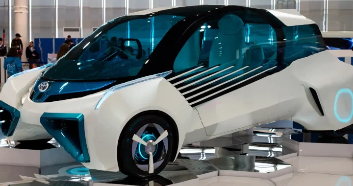 A hydrogen fuel cell concept vehicle at Megaweb Toyota City Showcase in Tokyo.