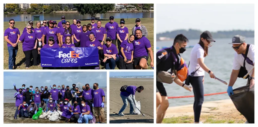 a collage of four photos showing FedEx volunteers in the middle of beach clean-up activities.