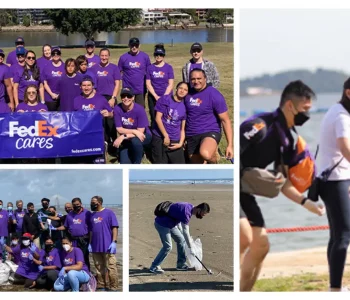 a collage of four photos showing FedEx volunteers in the middle of beach clean-up activities.