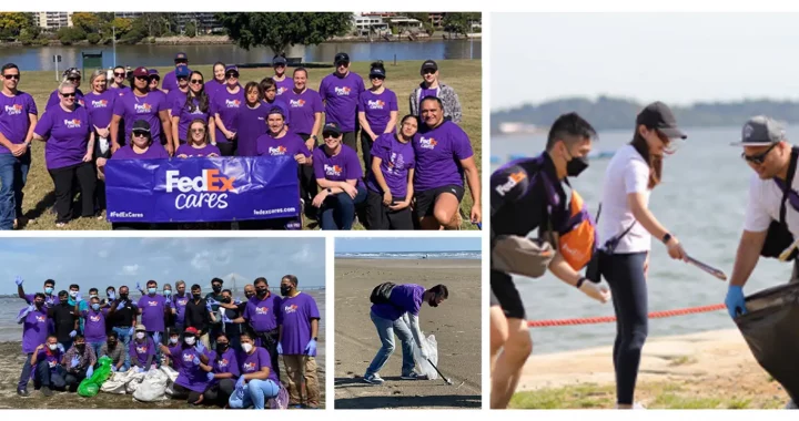 a collage of four photos showing FedEx volunteers in the middle of beach clean-up activities.