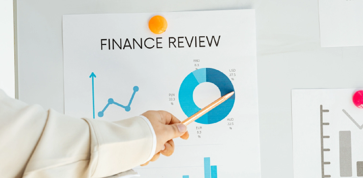 a hand pointing a pencil at charts titled “Finance Review” plastered on a whiteboard