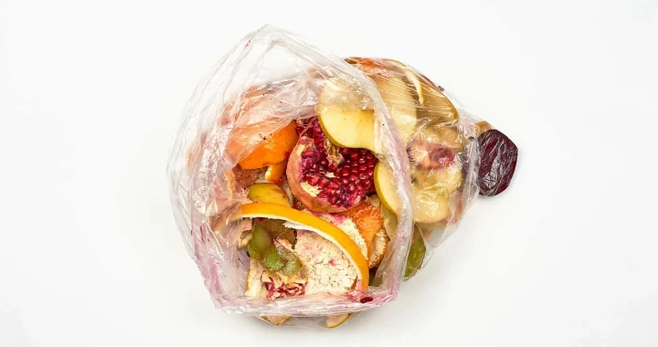 overhead view of fruit peels and other food scraps in a plastic bag